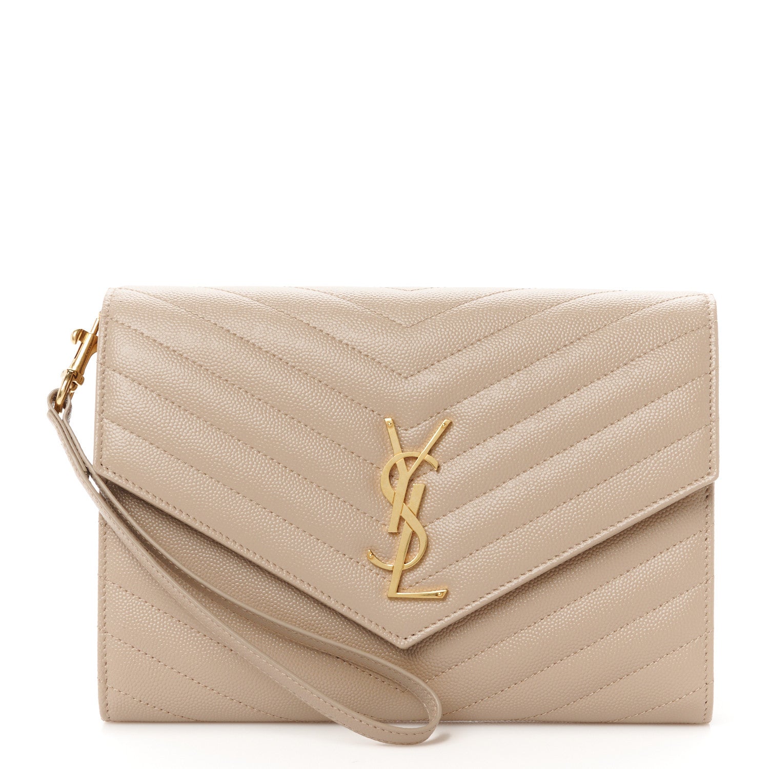 Saint Laurent Grain De Poudre Matelasse Chevron Monogram Envelope Clutch Dark Beige 1 of 9