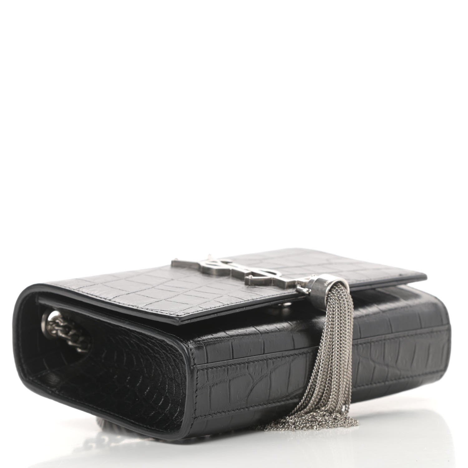 Saint Laurent Calfskin Crocodile Embossed Small Classic Monogram Tassel Satchel Black 4 of 10