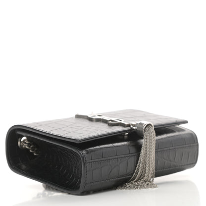 Saint Laurent Calfskin Crocodile Embossed Small Classic Monogram Tassel Satchel Black 4 of 10