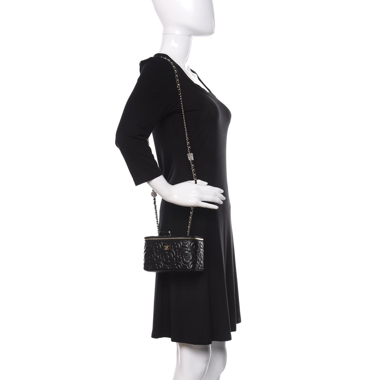 Lambskin Camellia Embossed Small Vanity Case With Chain Black