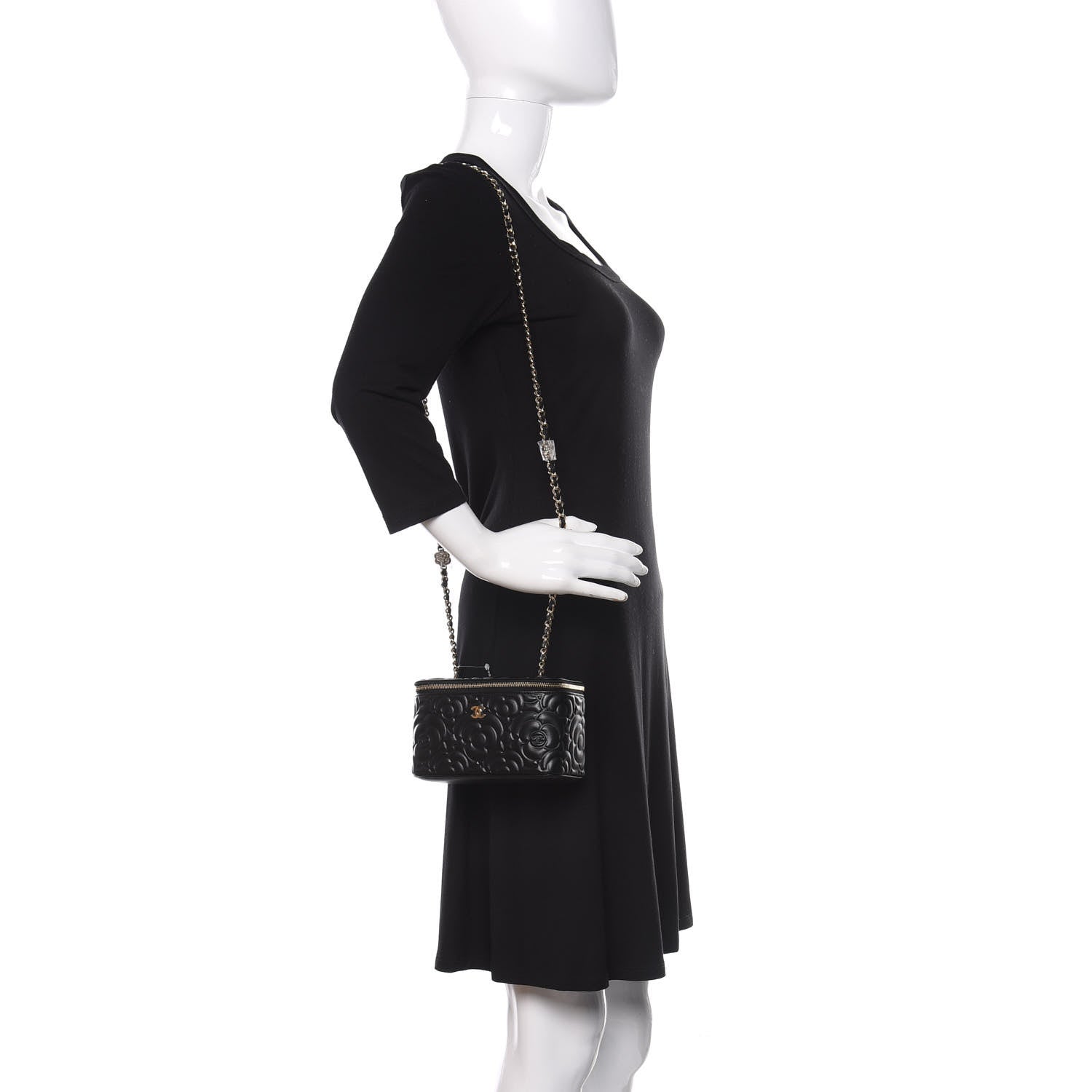 Chanel Lambskin Camellia Embossed Small Vanity Case With Chain Black 2 of 11