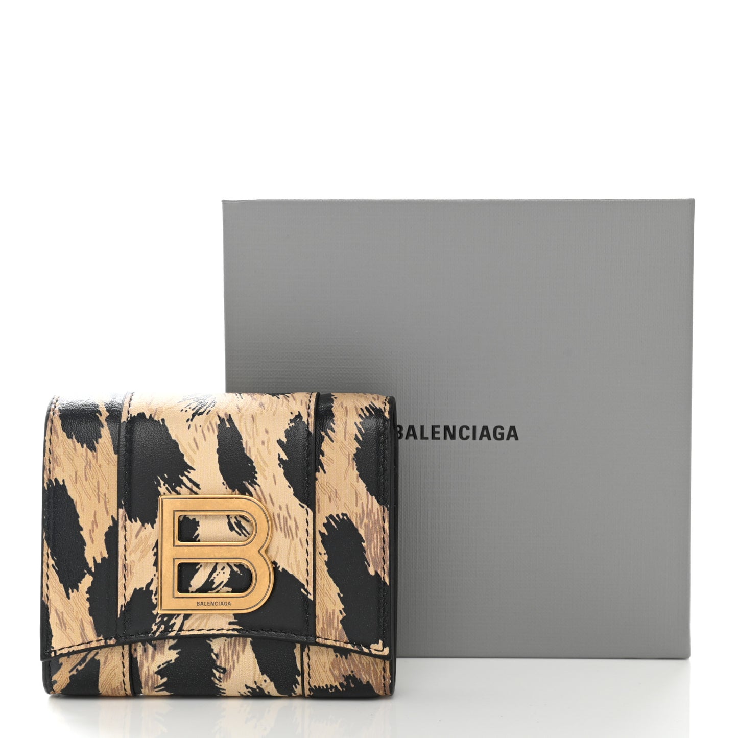 Smooth Calfskin Leopard Print Hourglass Compact Wallet Beige