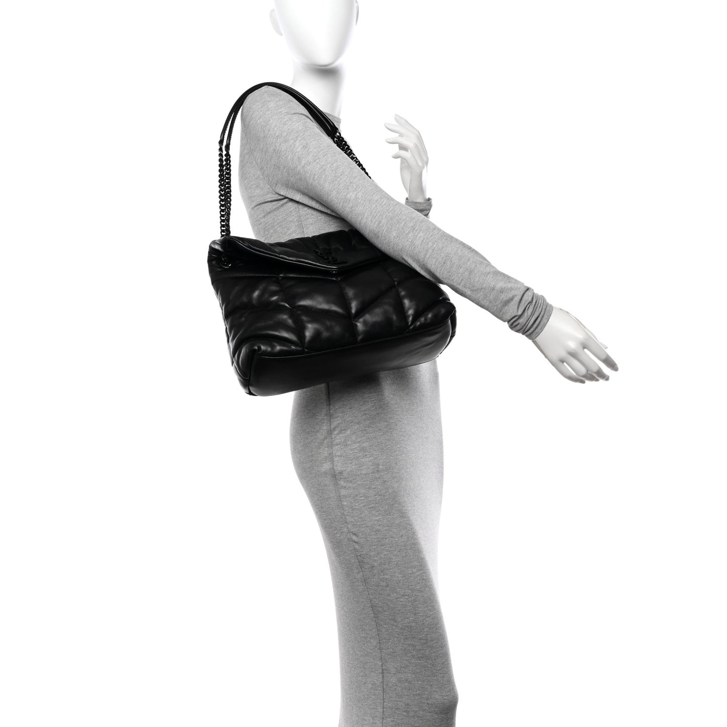 Lambskin Quilted Monogram Monochrome Medium Loulou Puffer Chain Satchel Black