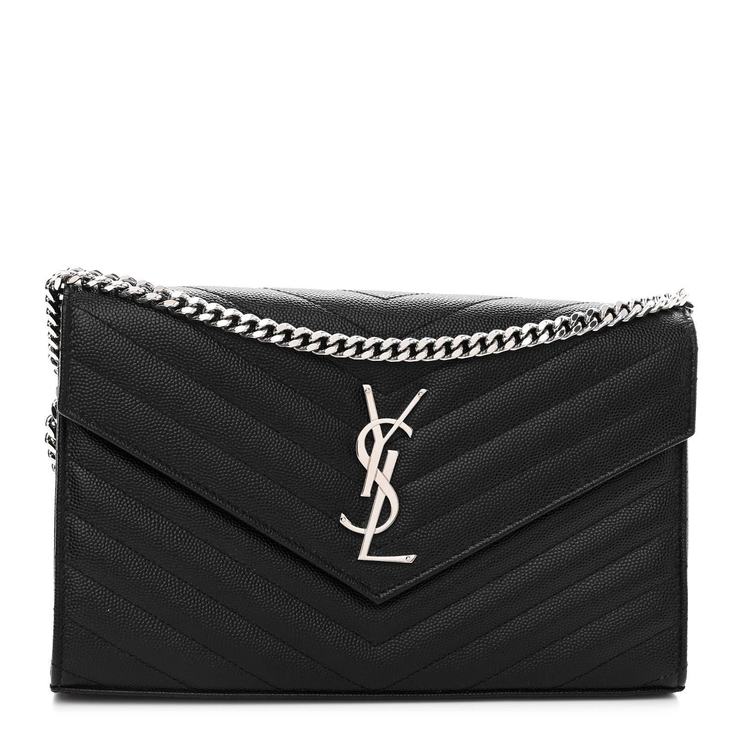 Saint Laurent Grain De Poudre Matelasse Chevron Monogram Chain Wallet Black 1 of 9
