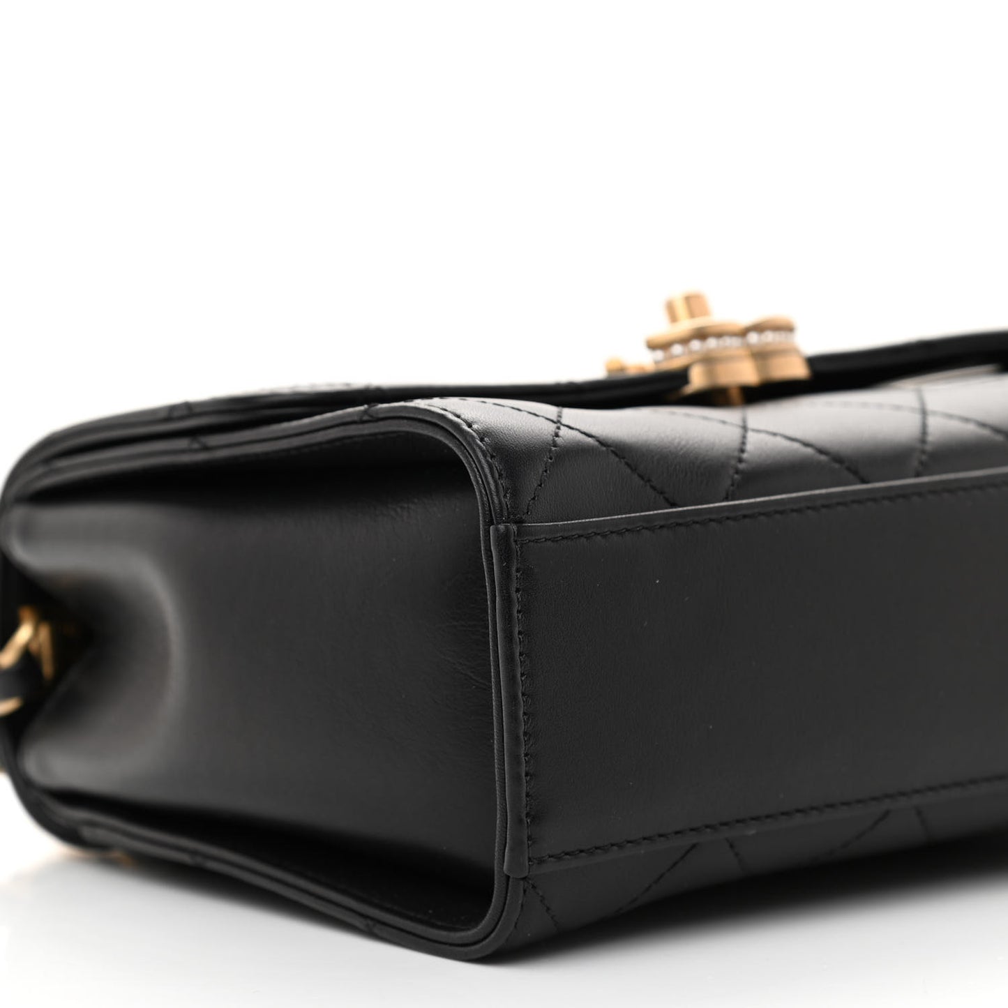 Lambskin Stitched Pearl Logo Top Handle Flap Black