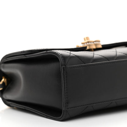 Chanel Lambskin Stitched Pearl Logo Top Handle Flap Black 9 of 11
