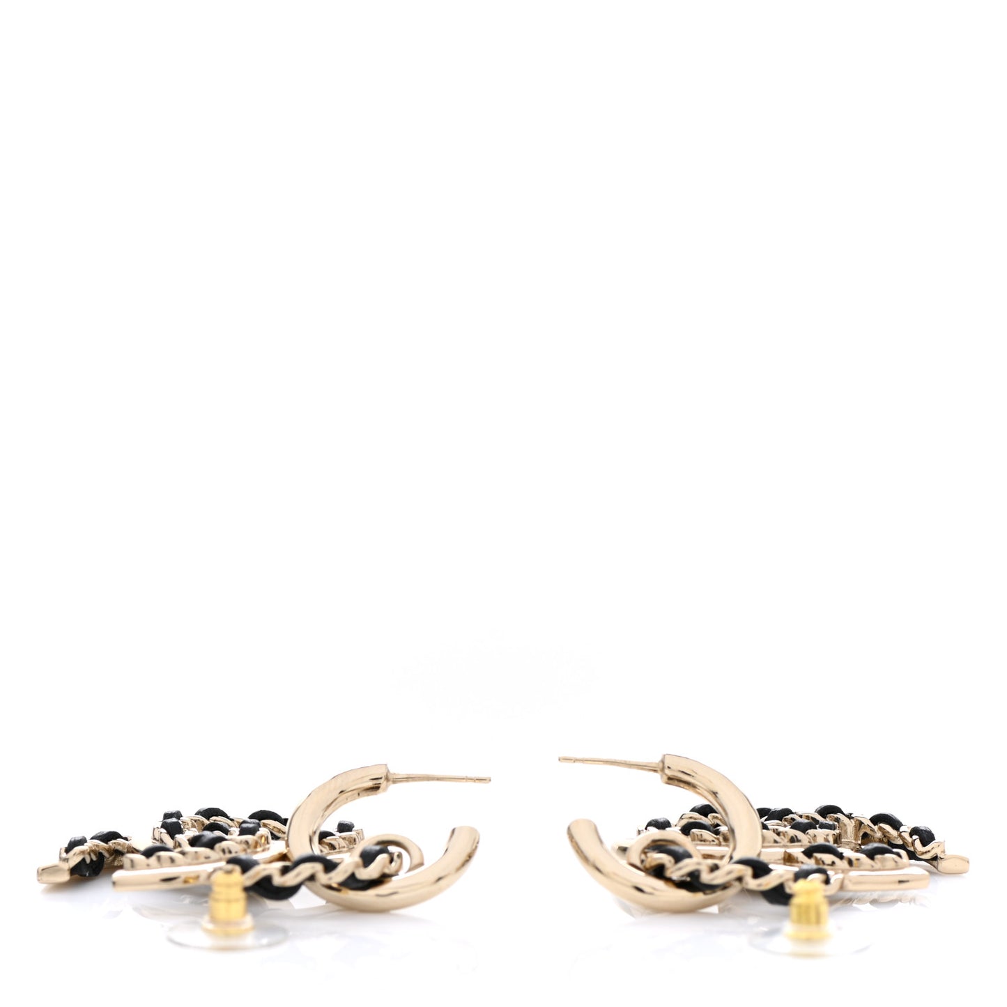 Lambskin Chain CC Drop Earrings Black Gold