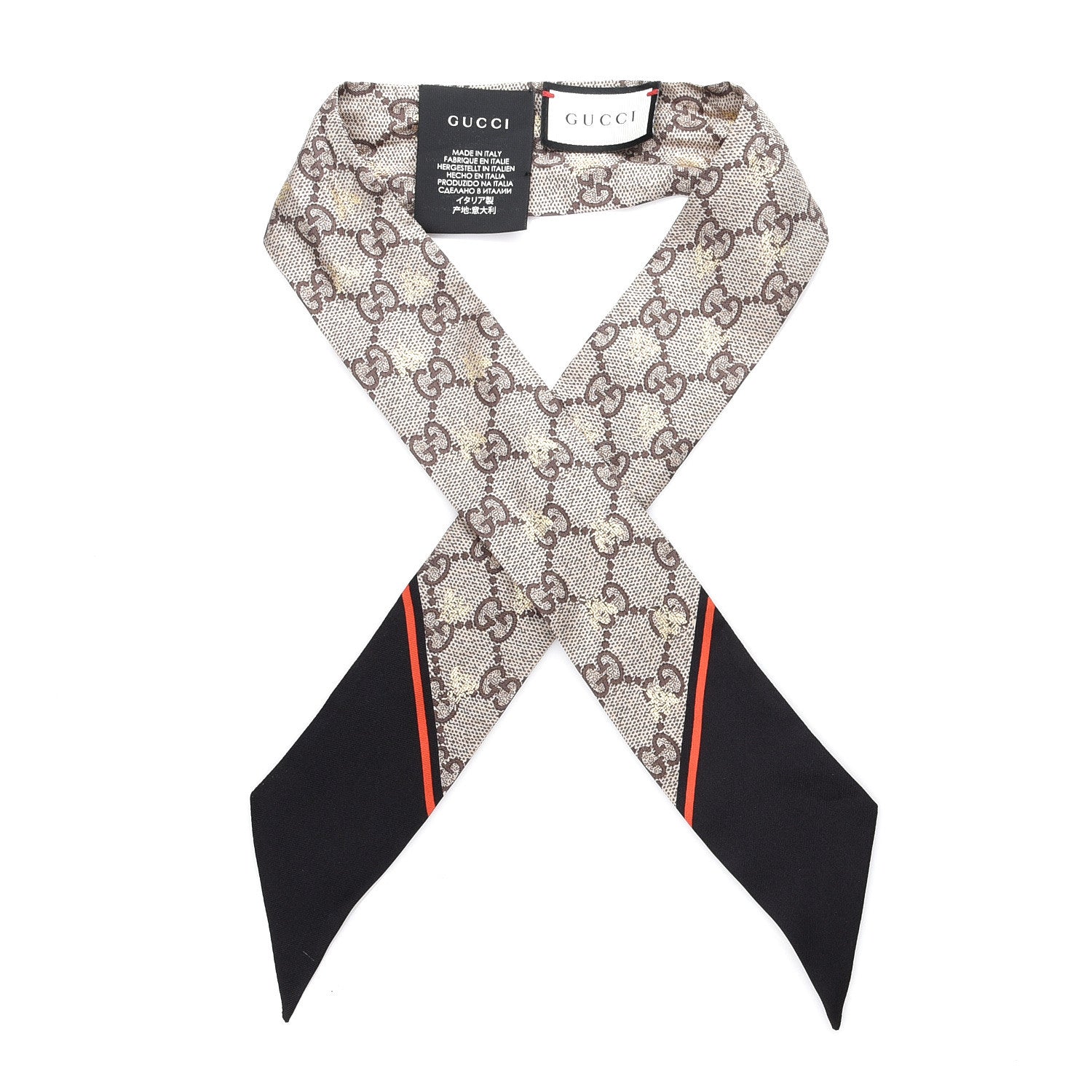 Gucci Silk Twill GG Monogram GG Bee Neck Bow Scarf Black Red 1 of 4