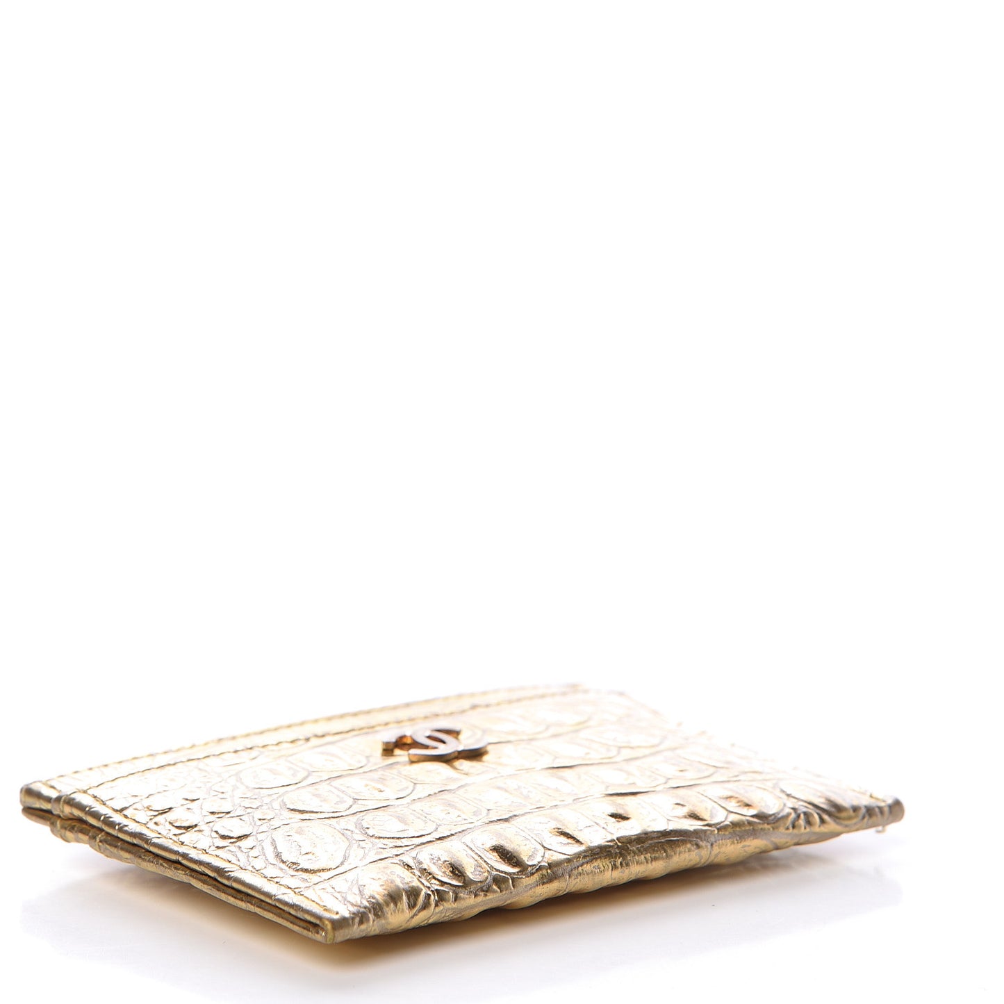 Metallic Calfskin Crocodile Embossed Cocodile Card Holder Gold