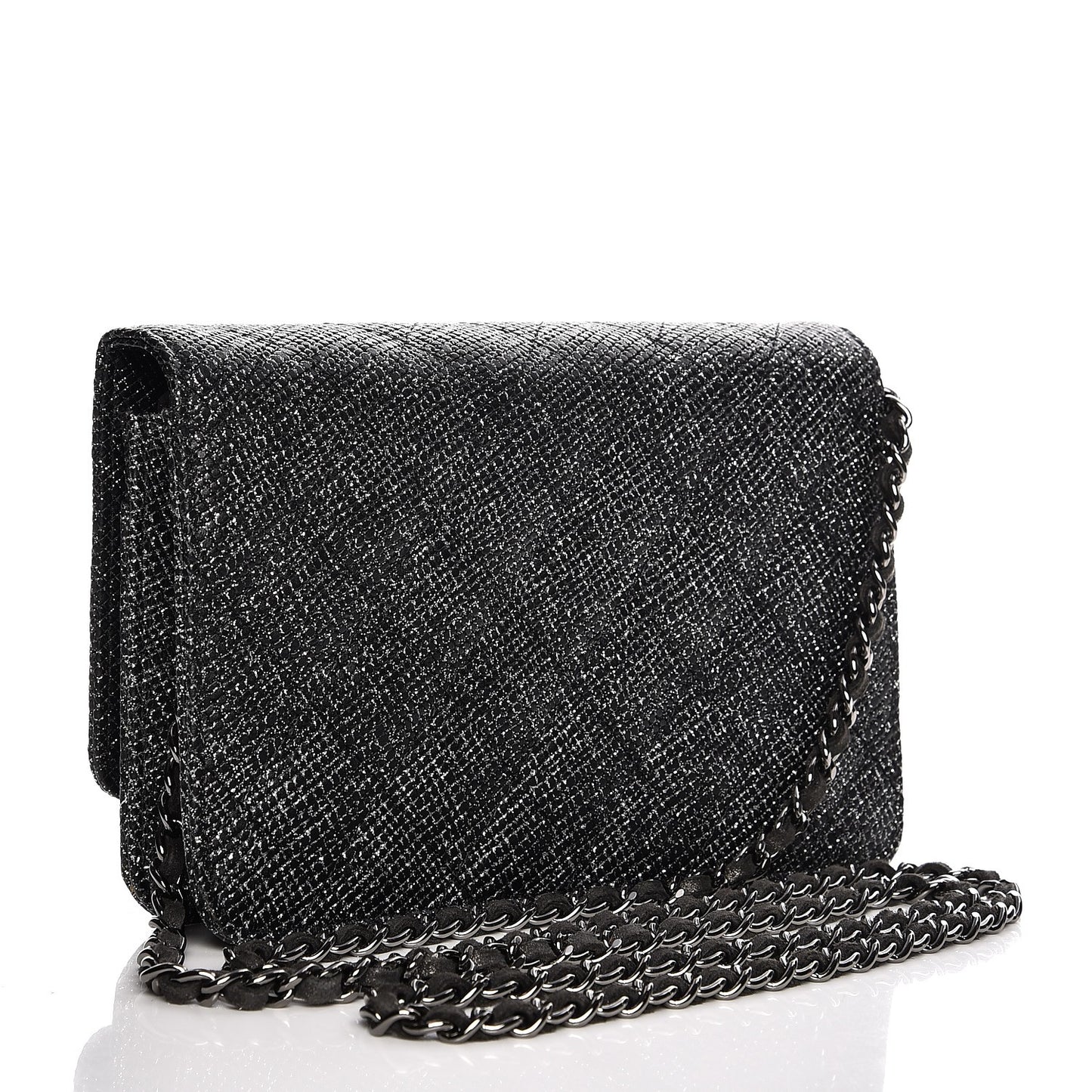 Glitter Calfskin Quilted Wallet on Chain WOC Black Silver
