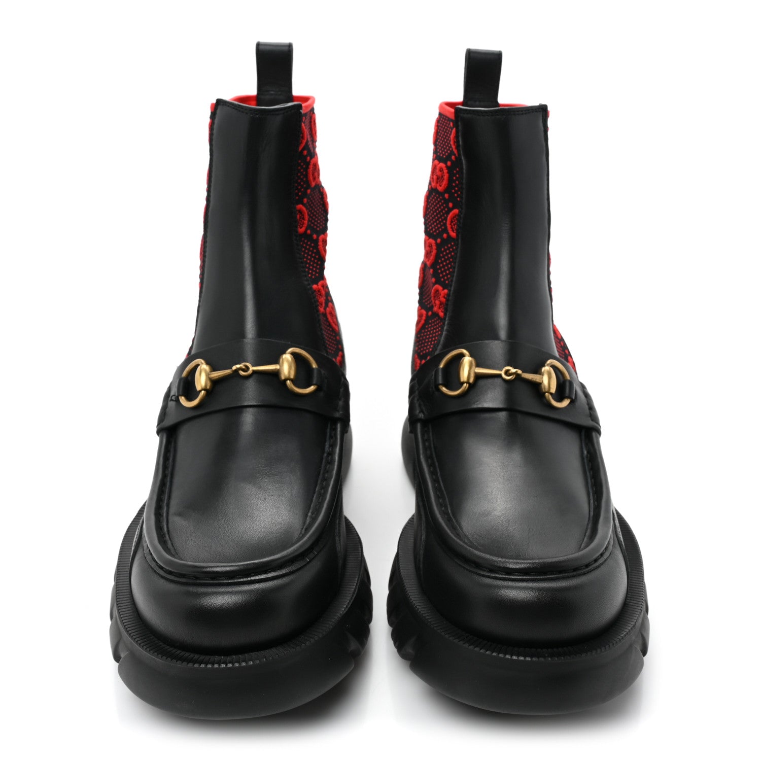 Gucci Quebec Calfskin Technical Jersey Knit GG Monogram Mens Horsebit Ankle Boots 9 Black Light Hibiscus Red 2 of 12