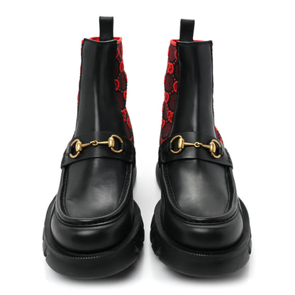 Gucci Quebec Calfskin Technical Jersey Knit GG Monogram Mens Horsebit Ankle Boots 9 Black Light Hibiscus Red 2 of 12