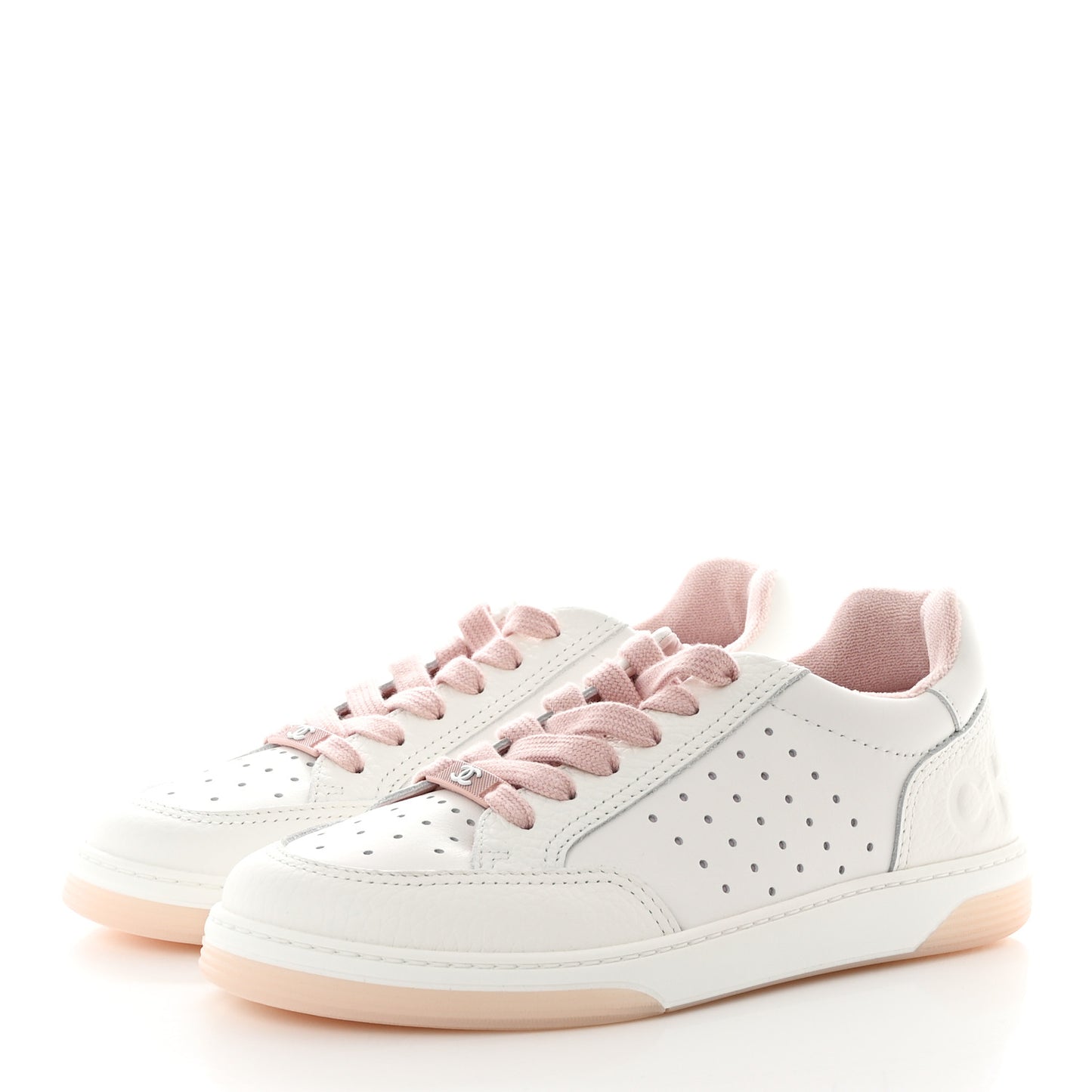 Grained Calfskin Fabric Womens Logo Sneakers 39 White Light Pink