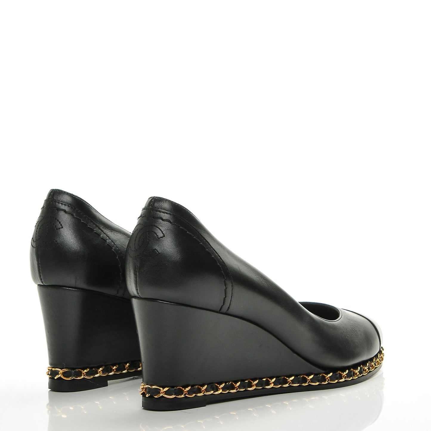 Calfskin Cap Toe Chain Wedge Pumps 37 Black