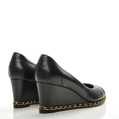 Chanel Calfskin Cap Toe Chain Wedge Pumps 37 Black 4 of 8