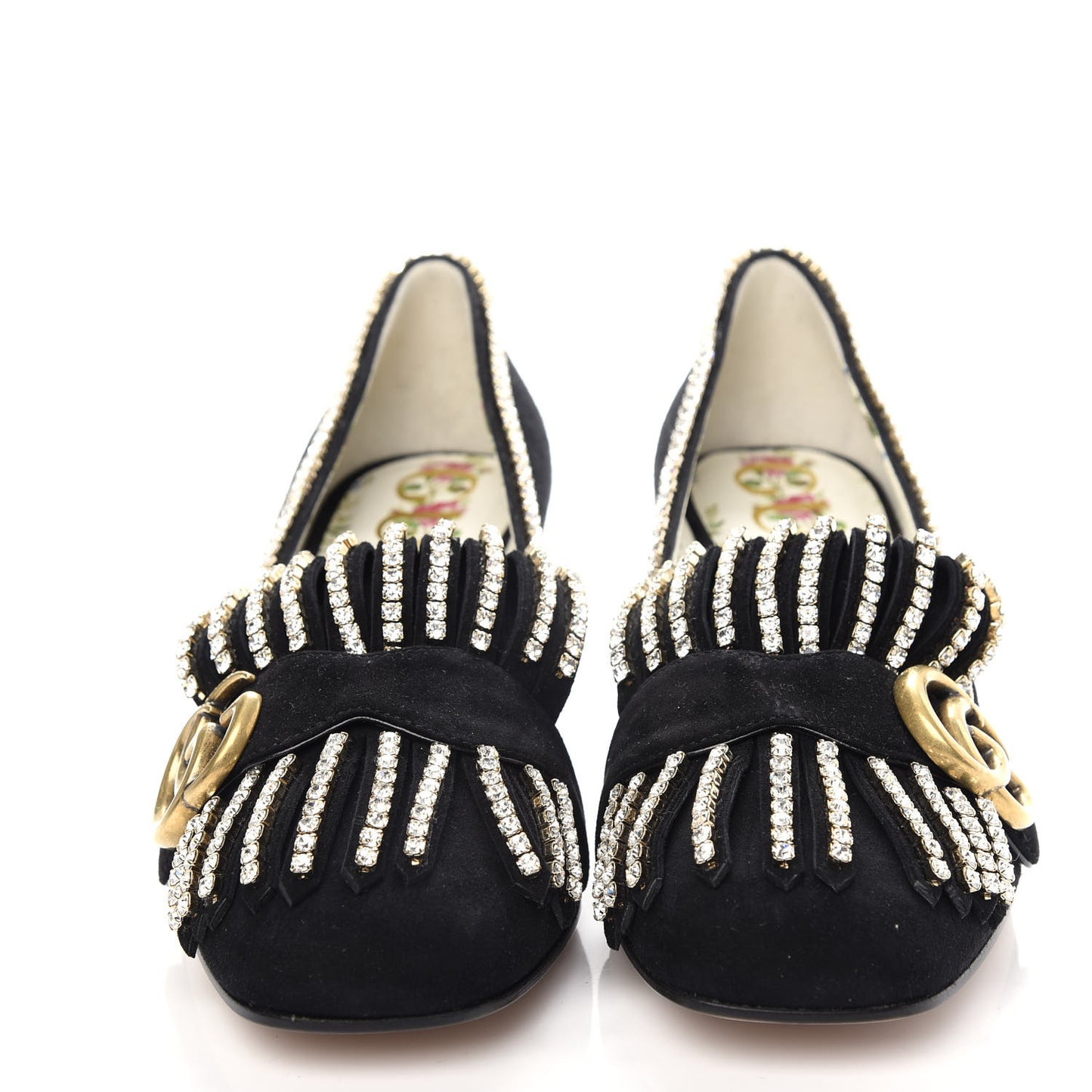 Kid Scamosciato Crystal GG Marmont Fringe 50mm Loafer Pumps 36.5 Black