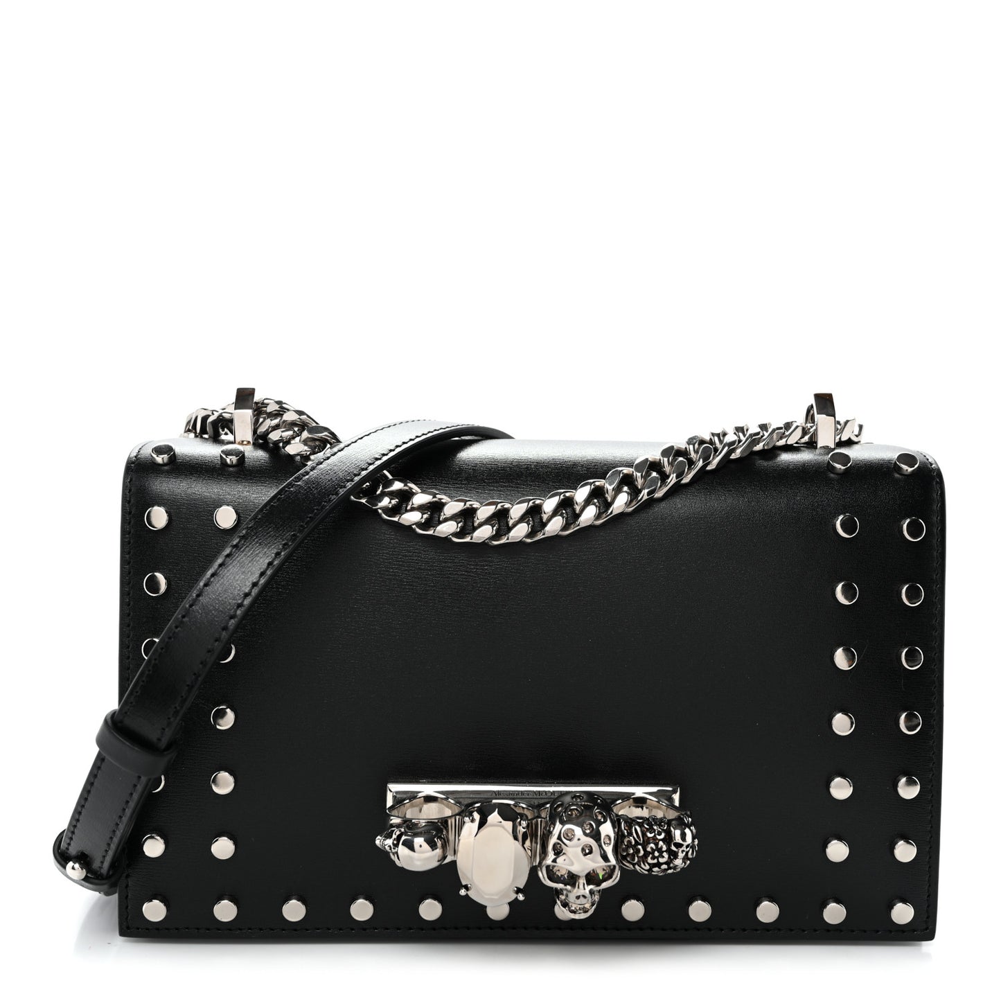 Calfskin Studded Jeweled Knuckle Satchel Black