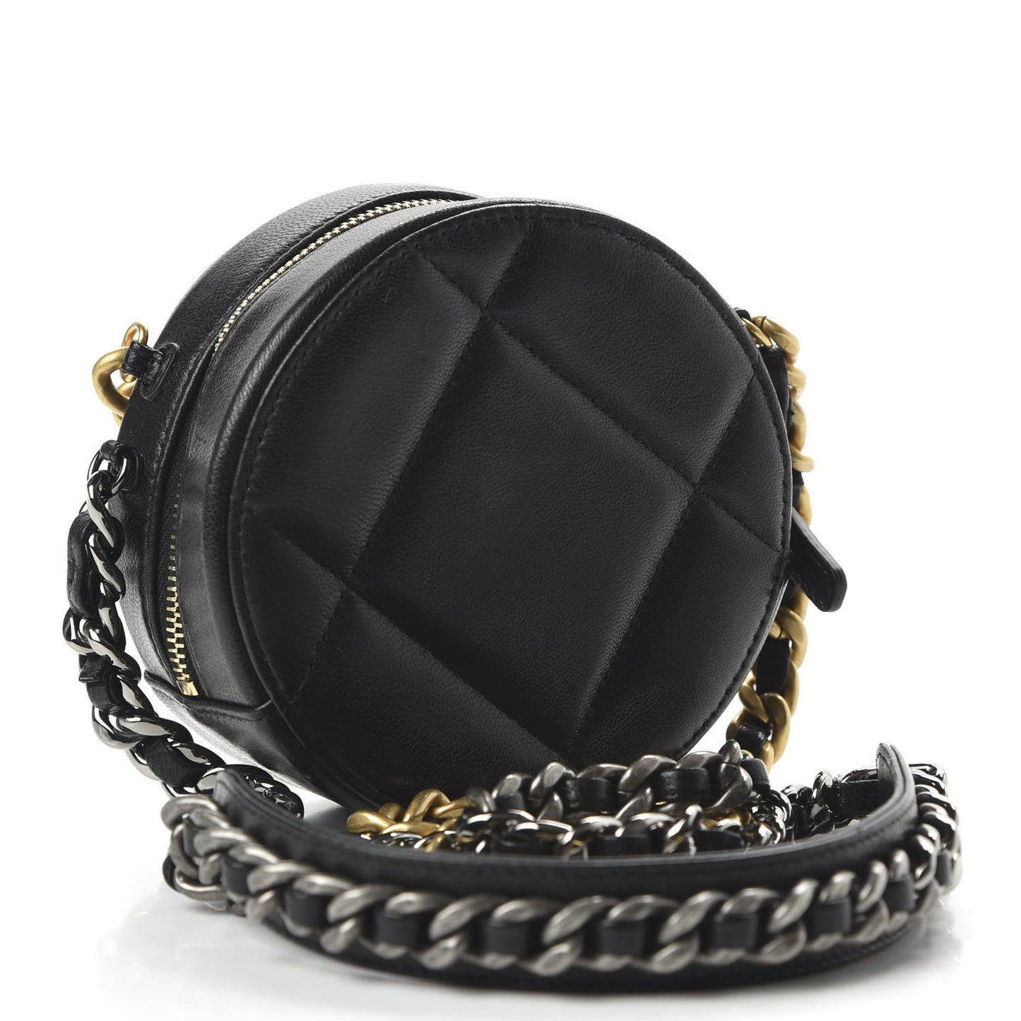 Goatskin Quilted 19 Round Clutch With Chain Black