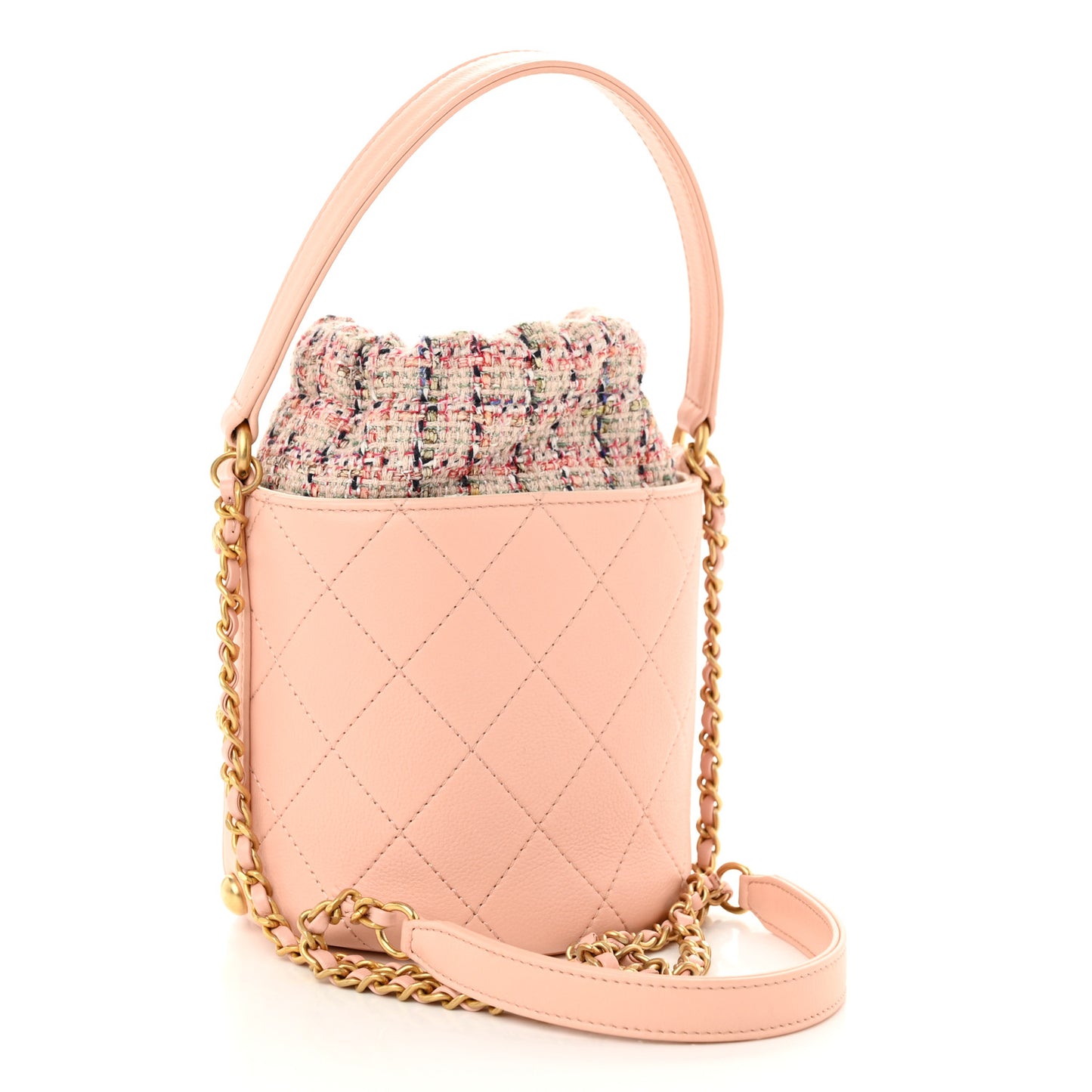 Calfskin Tweed Small CC Chain Bucket Drawstring Bag Light Pink