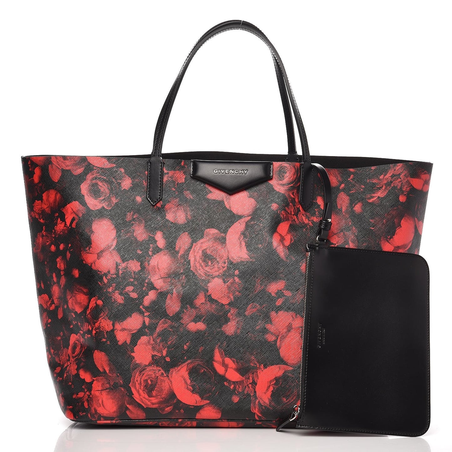Textured Coated Canvas Floral Print Large Antigona Tote Black Red