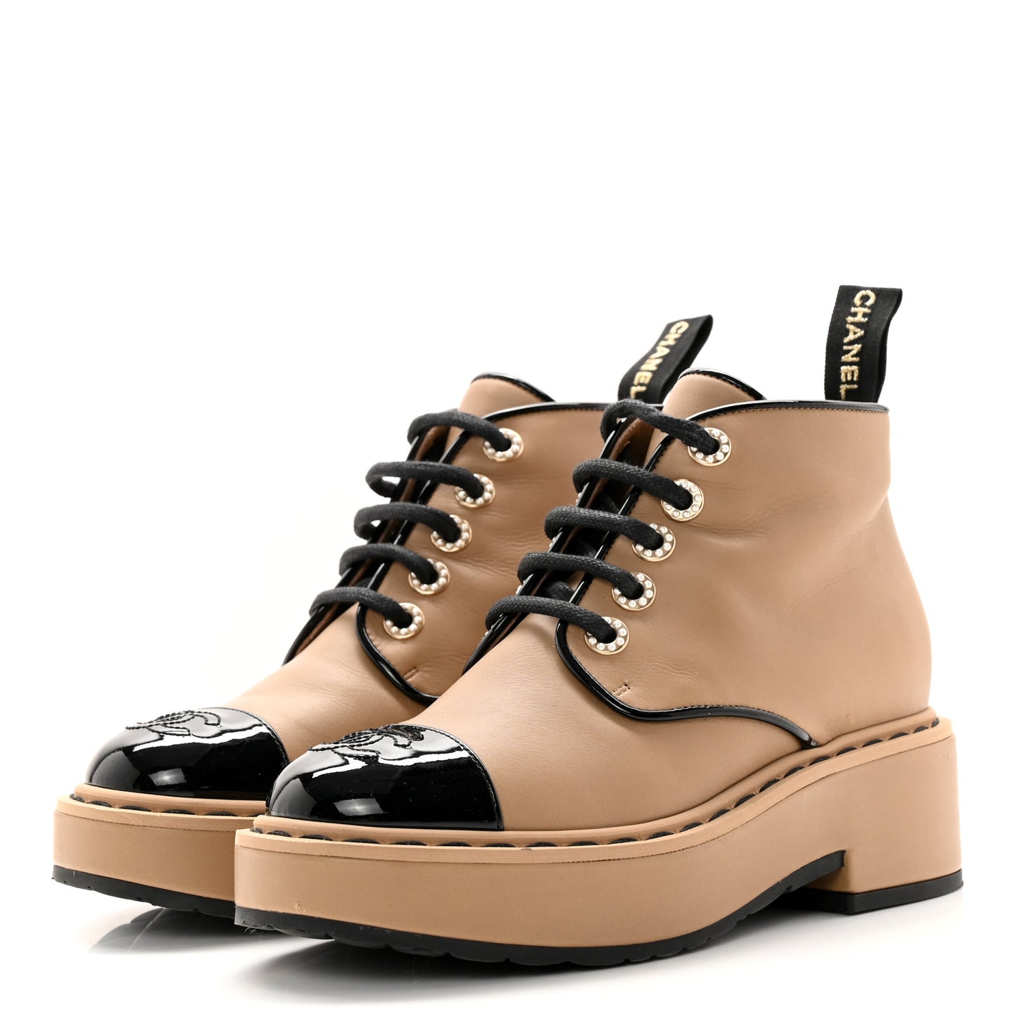 Calfskin Lace Up CC Short Boots 35.5 Beige Black