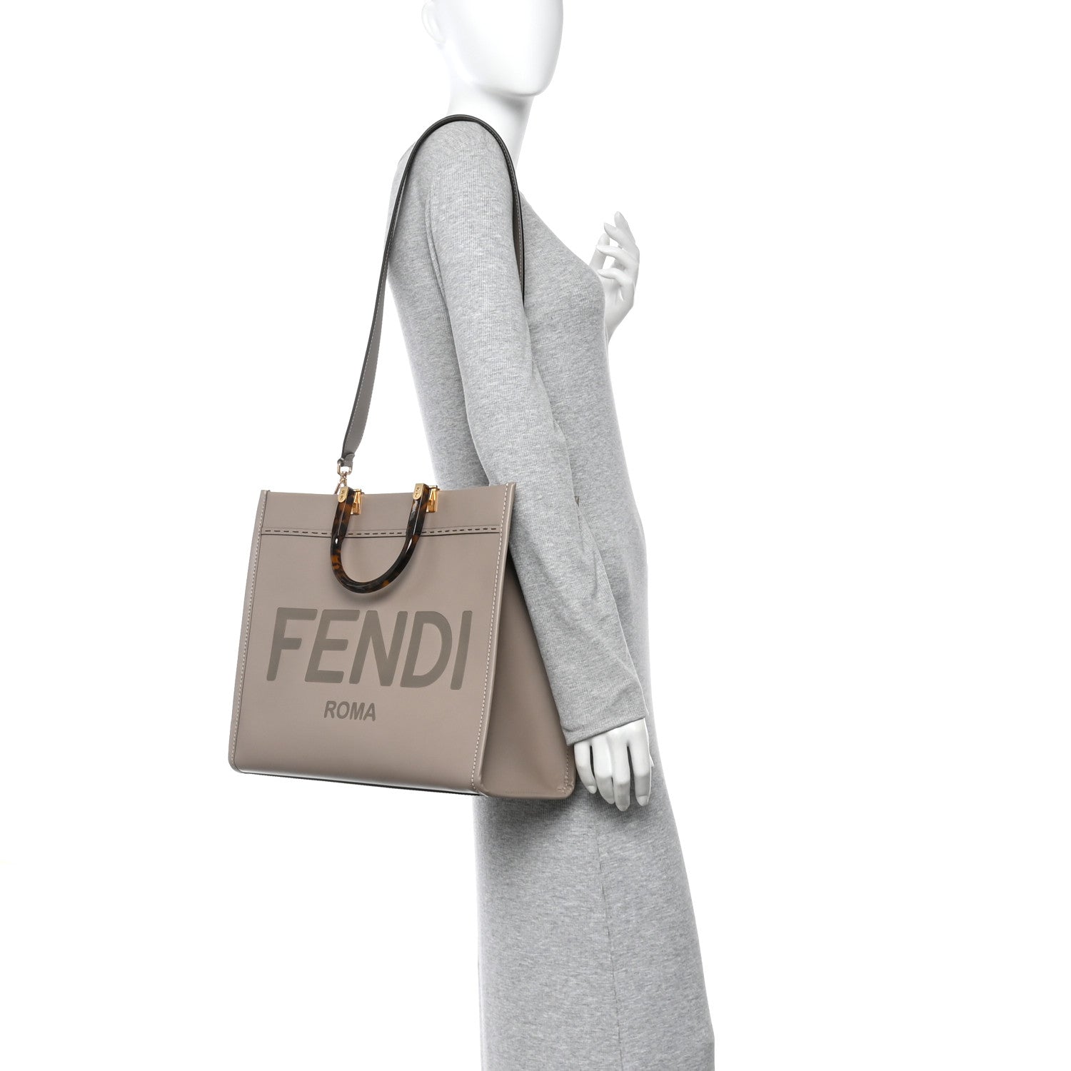 Fendi Vitello King Plexiglass Logo Embossed Medium Fendi Sunshine Shopper Tote Tortora 2 of 10