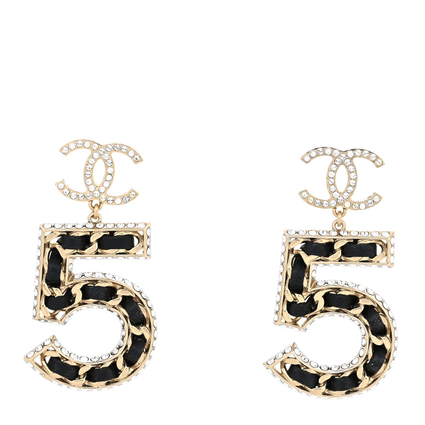 Crystal Lambskin Chain CC No 5 Drop Earrings Gold Black
