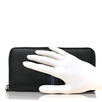 Prada Saffiano Stripe Zip Around Wallet Black Blue 2 of 7