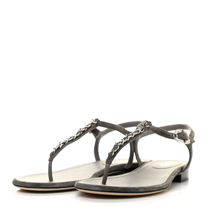 Chanel Suede Calfskin Chain Thong Sandals 38.5 Grey 3 of 7
