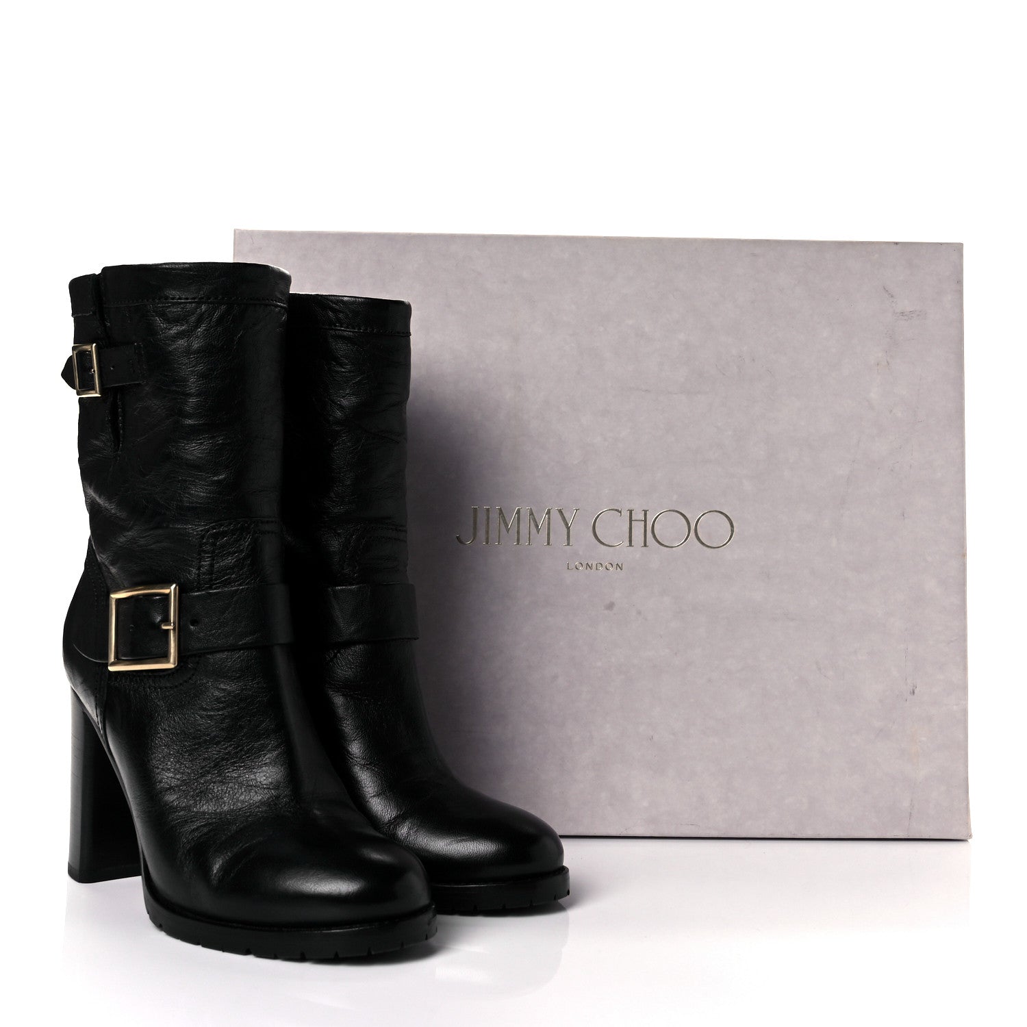Jimmy Choo Lambskin Dart Biker Buckle Booties 38 Black 9 of 9