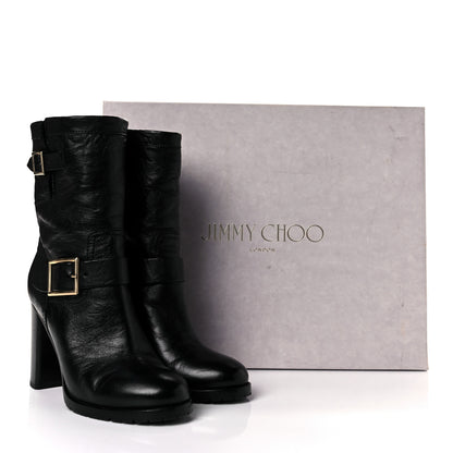 Jimmy Choo Lambskin Dart Biker Buckle Booties 38 Black 9 of 9