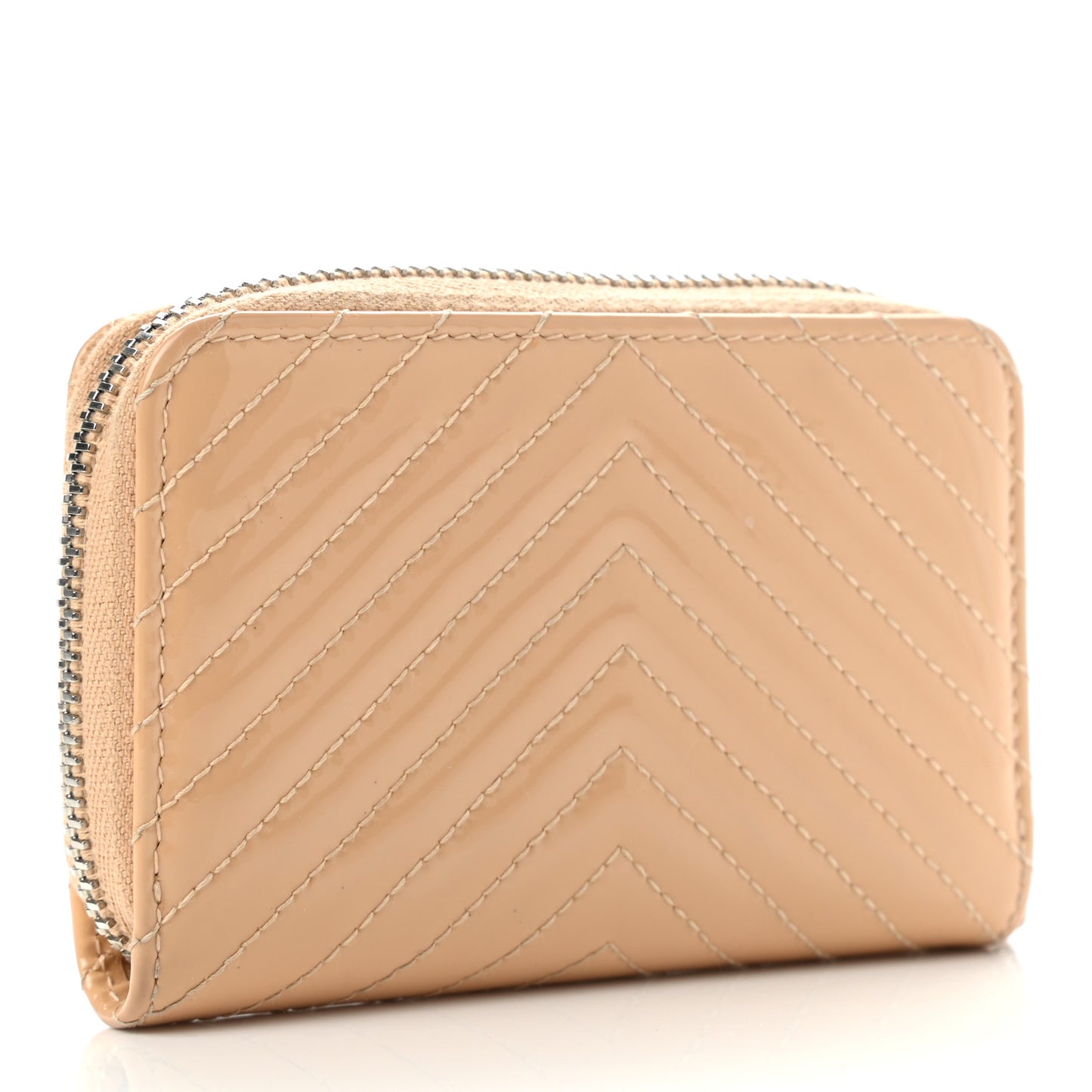 Patent Chevron Quilted Zip Around Coin Purse Beige