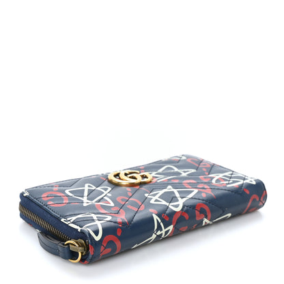Gucci Calfskin Matelasse GucciGhost GG Marmont Zip Around Wallet Blue Agata Hibiscus Red 4 of 6