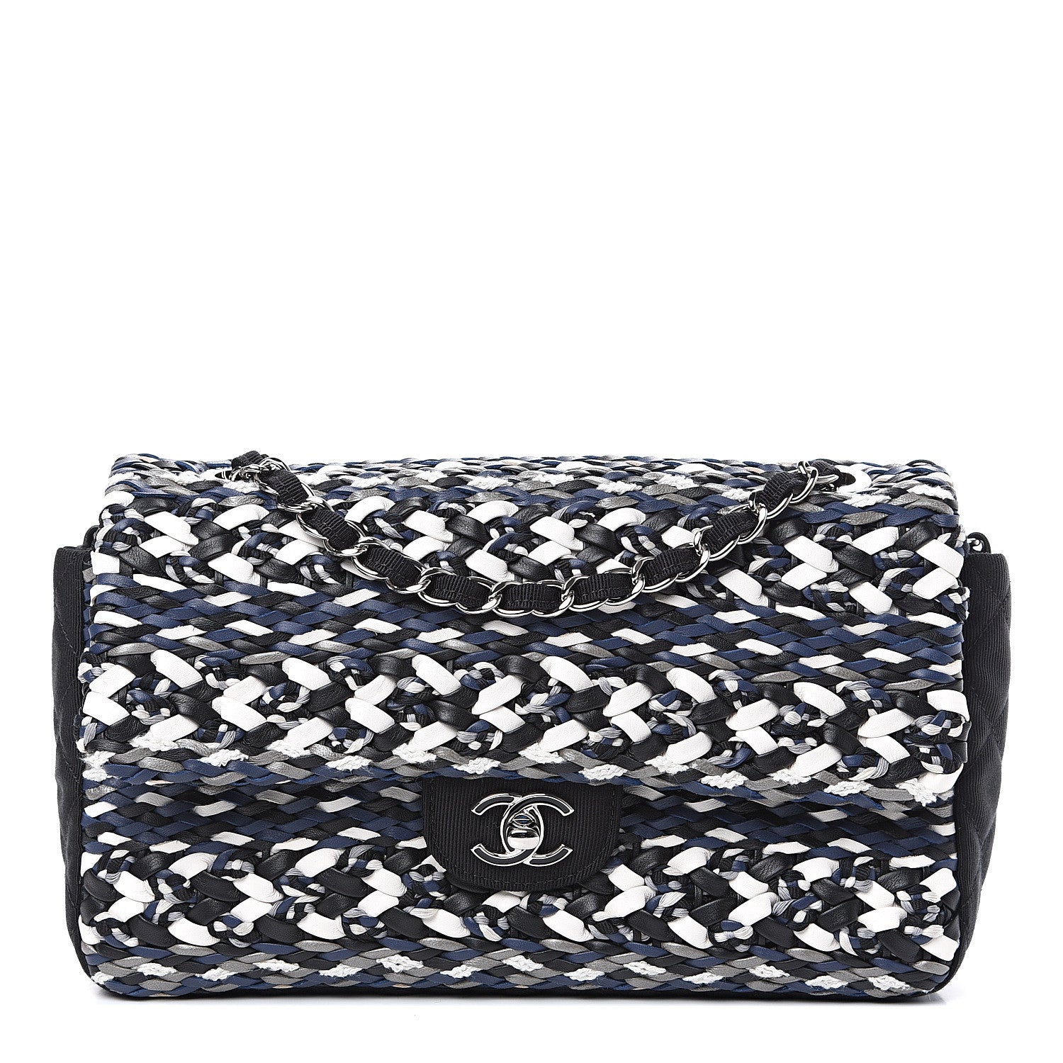 Chanel Lambskin Calfskin Woven Leather Craft Flap Navy White Black 1 of 8
