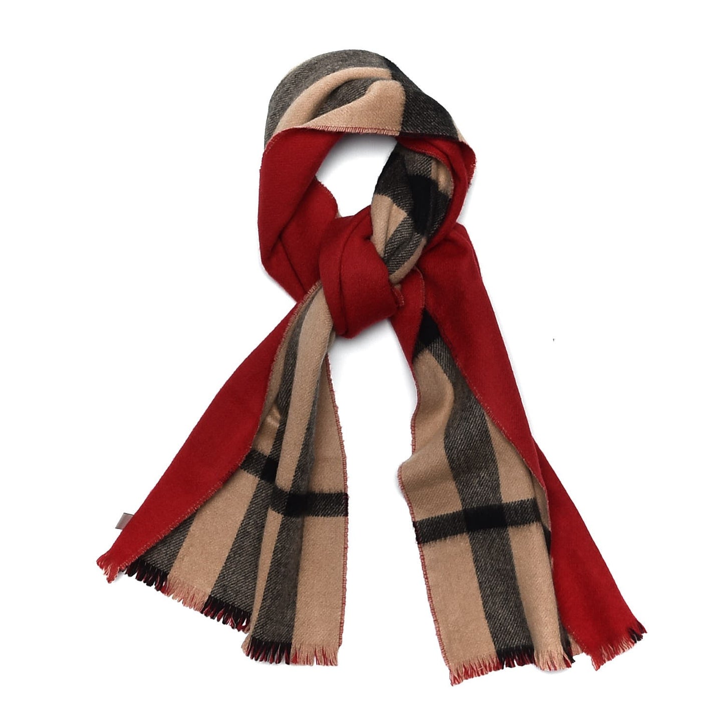 Cashmere Reversible Giant Check Block Fringe Scarf Camel Red