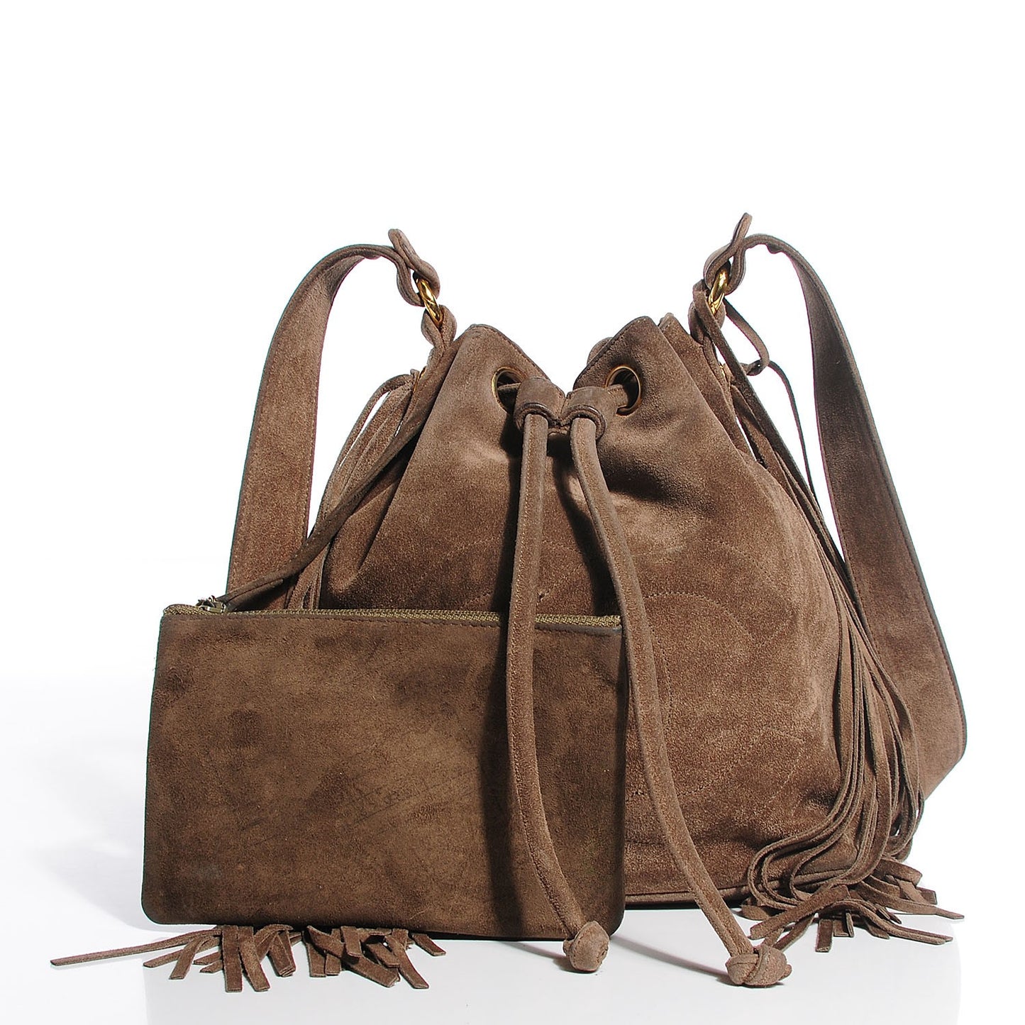 Suede CC Drawstring Shoulder Bag Beige