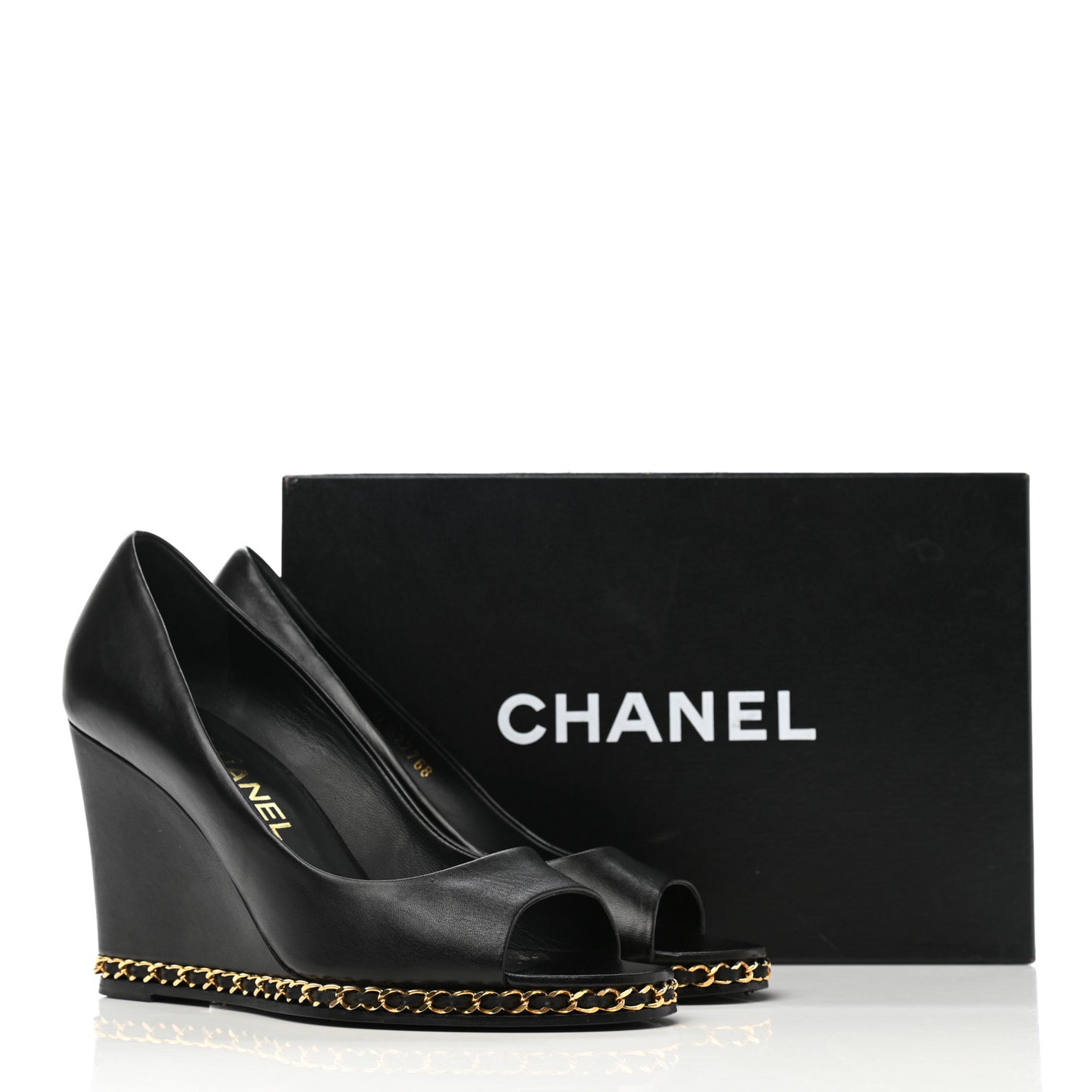 Calfskin Chain Peep Toe Wedge Pumps 39.5 Black