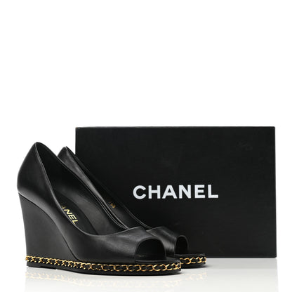 Chanel Calfskin Chain Peep Toe Wedge Pumps 39.5 Black 13 of 13