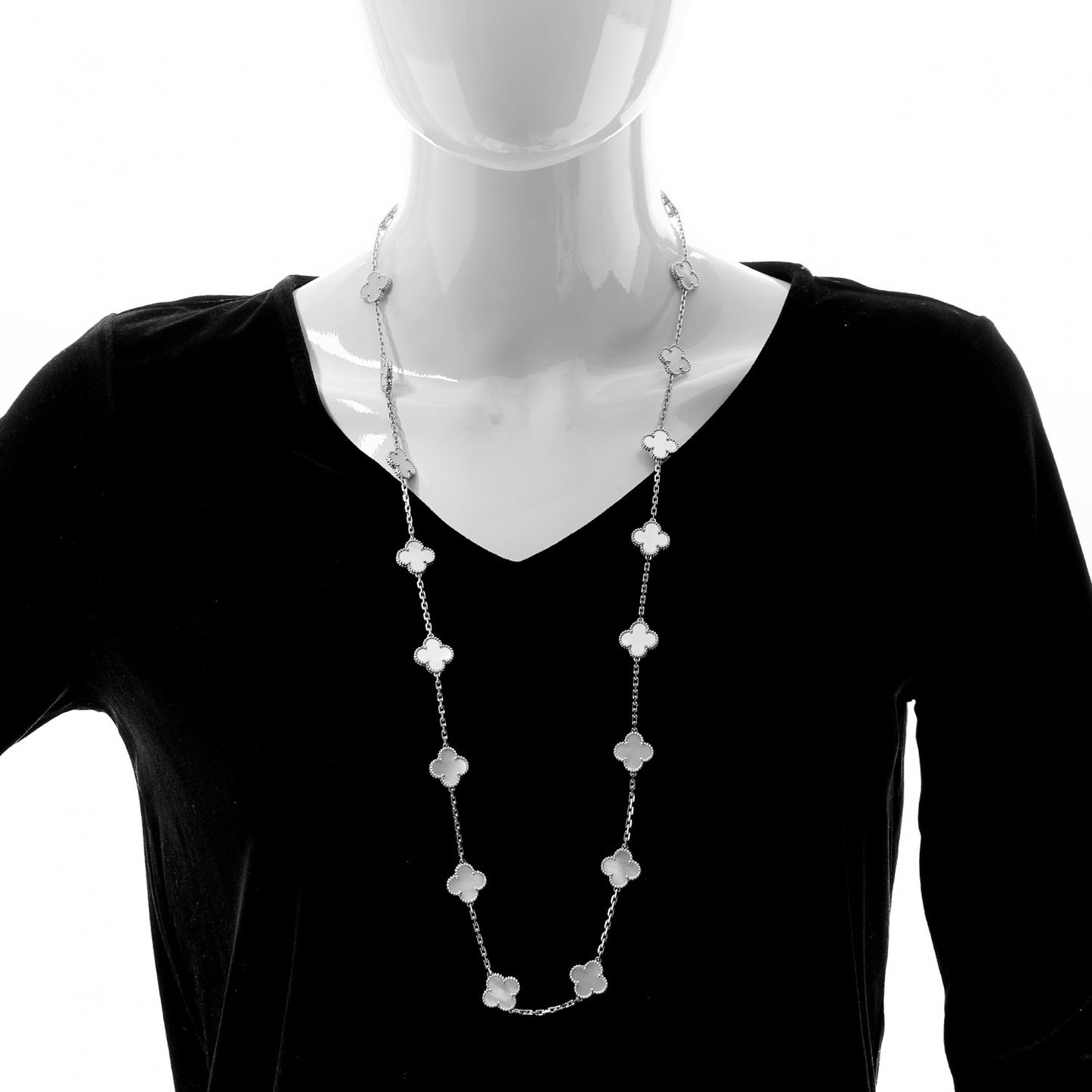 18K White Gold Mother of Pearl 20 Motifs Vintage Alhambra Necklace