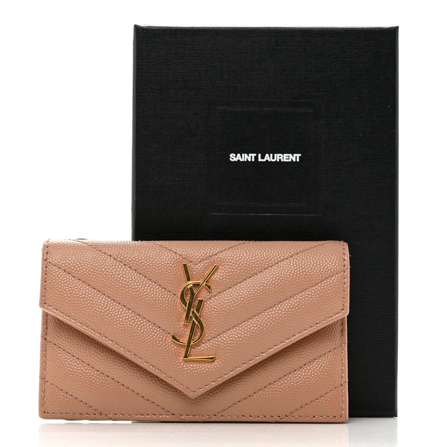 Saint Laurent Grain De Poudre Matelasse Chevron Monogram Compact Wallet Dark Beige 7 of 7