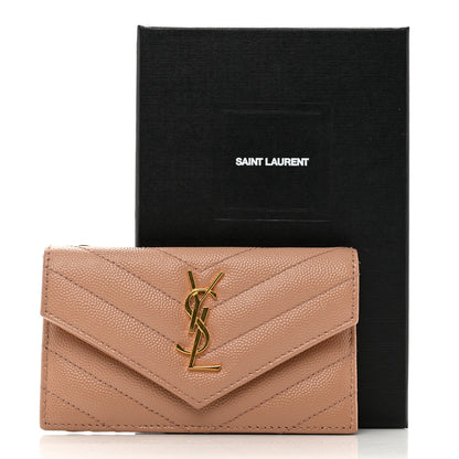 Saint Laurent Grain De Poudre Matelasse Chevron Monogram Compact Wallet Dark Beige 7 of 7