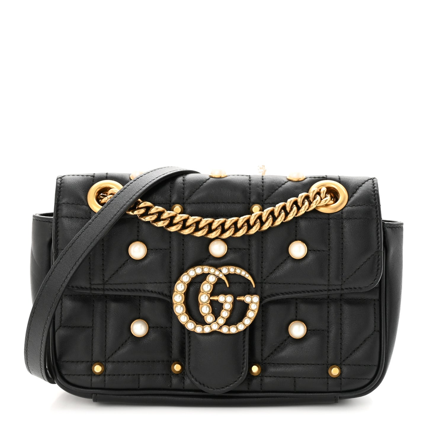 Calfskin Matelasse Studded Mini Pearly GG Marmont Shoulder Bag Black