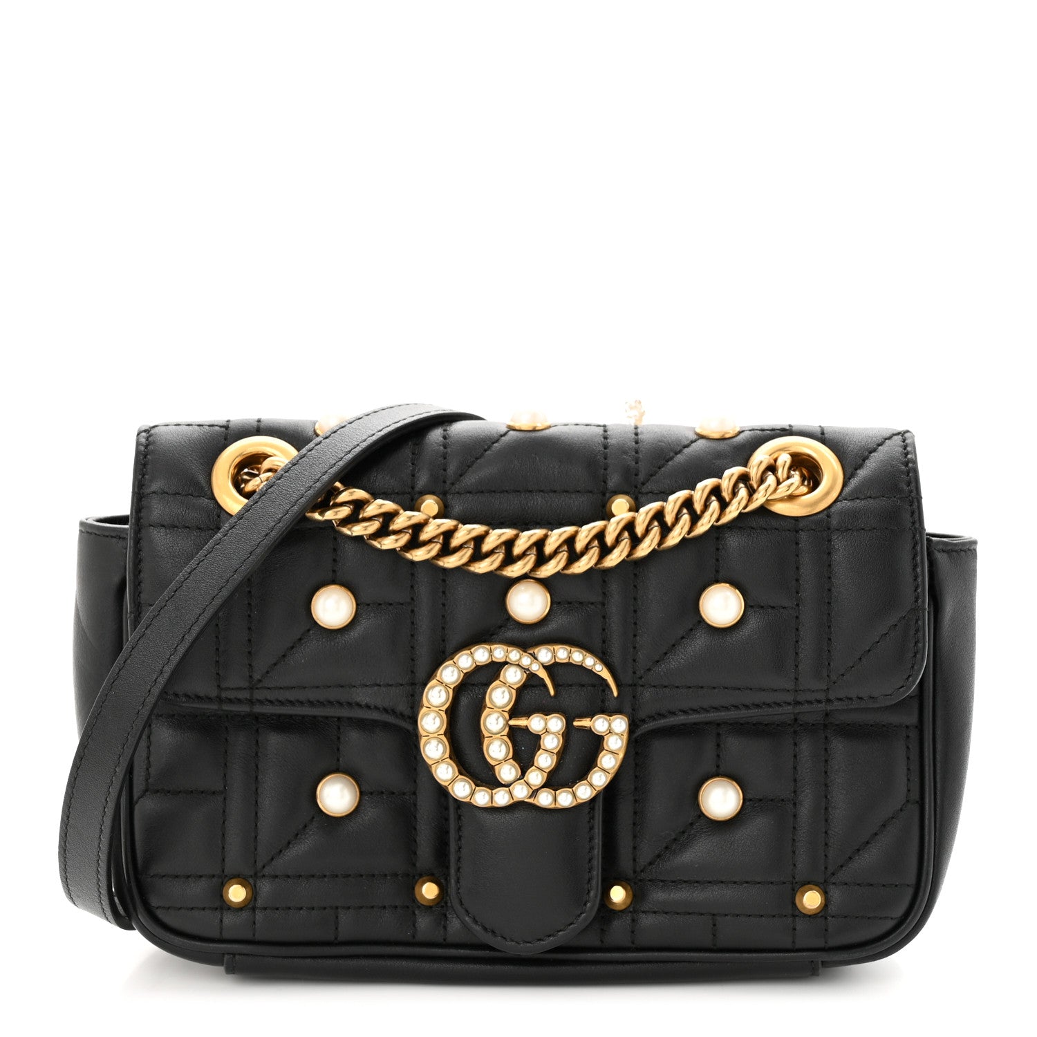 Gucci Calfskin Matelasse Studded Mini Pearly GG Marmont Shoulder Bag Black 1 of 10