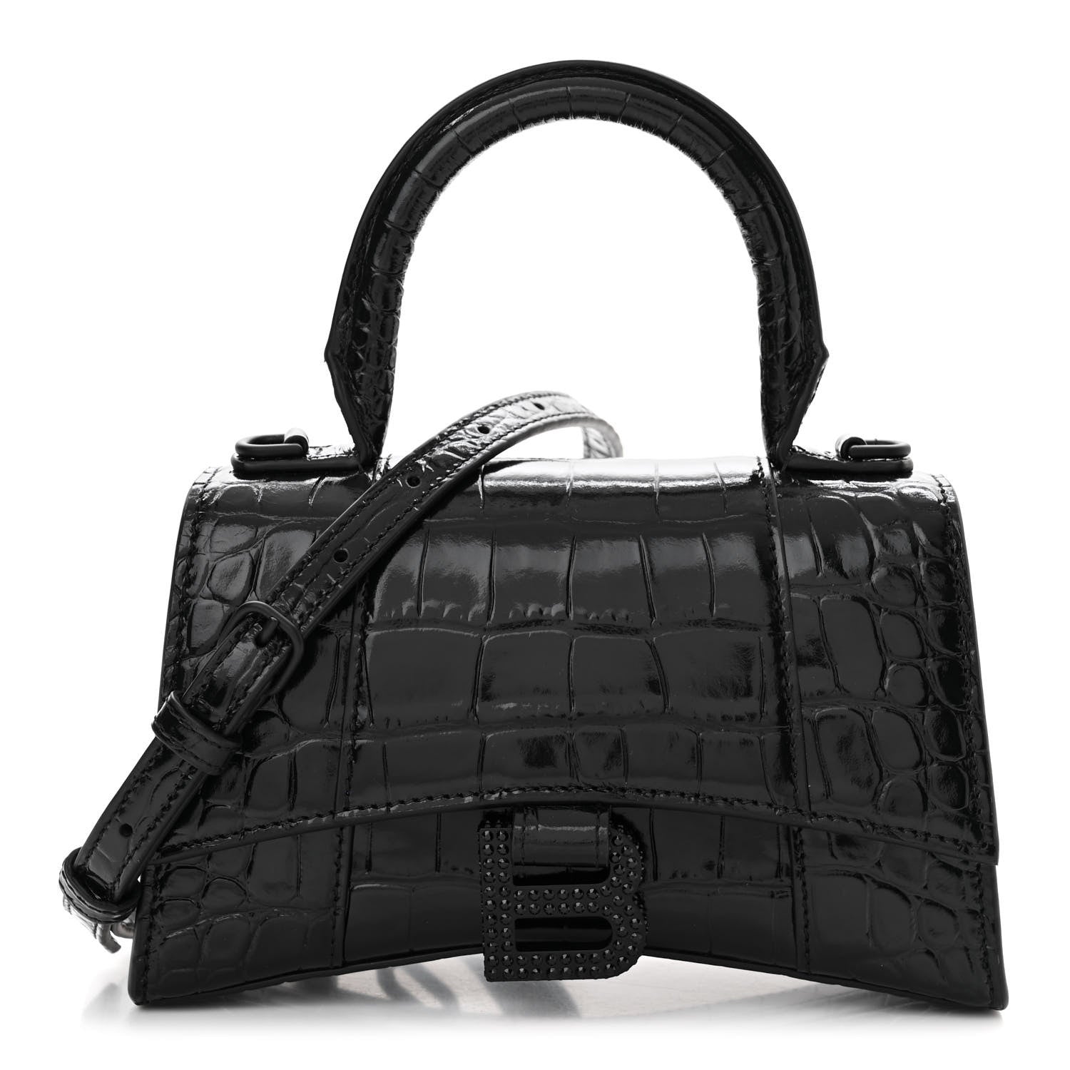 Balenciaga Shiny Calfskin Strass Monochrome Crocodile Embossed Hourglass Top Handle Bag XS Black 1 of 13