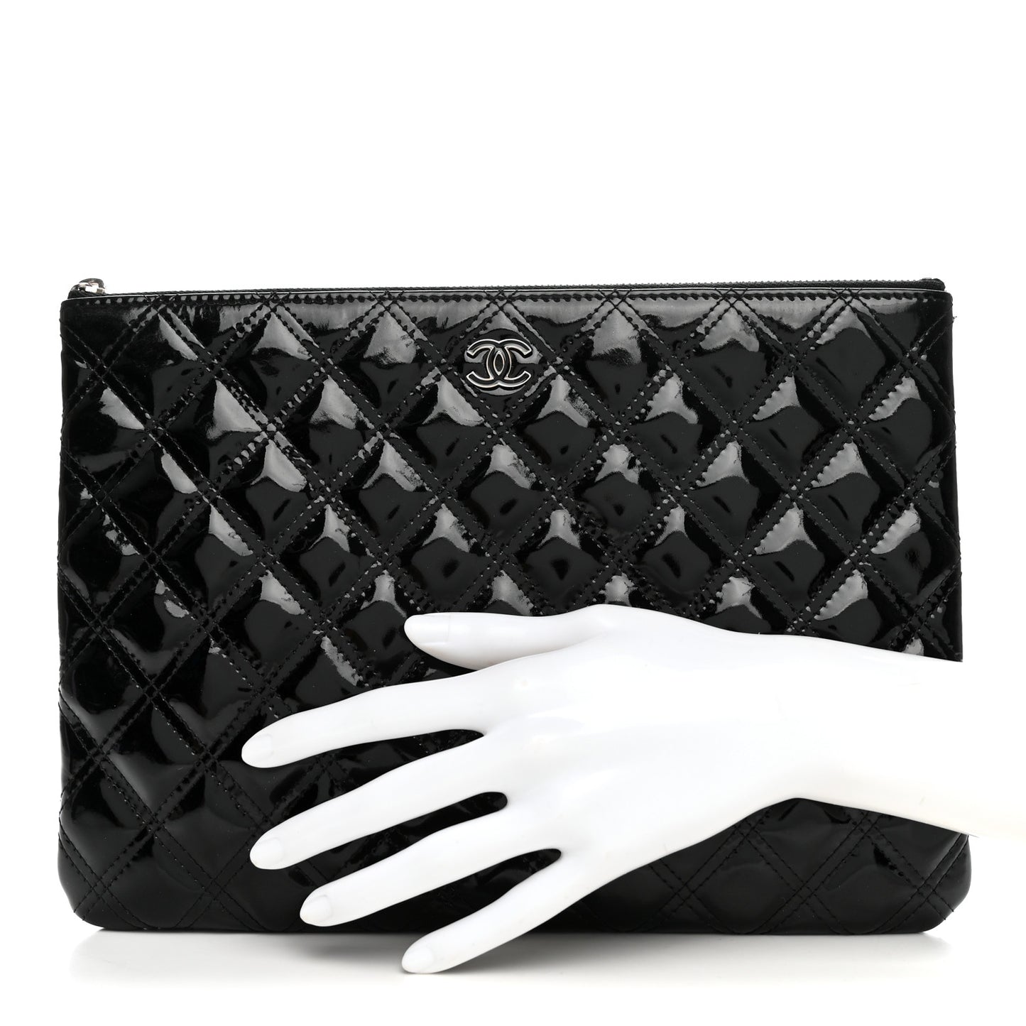 Patent Calfskin Double Stitch Quilted Cosmetic Case Black