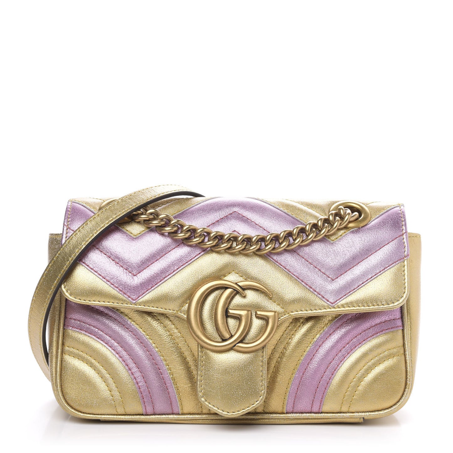 Metallic Calfskin Matelasse Mini GG Marmont Shoulder Bag Gold Pink