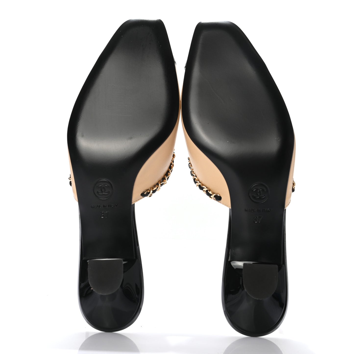 Lambskin Patent Cap Toe Chain Mule 37 Beige Black