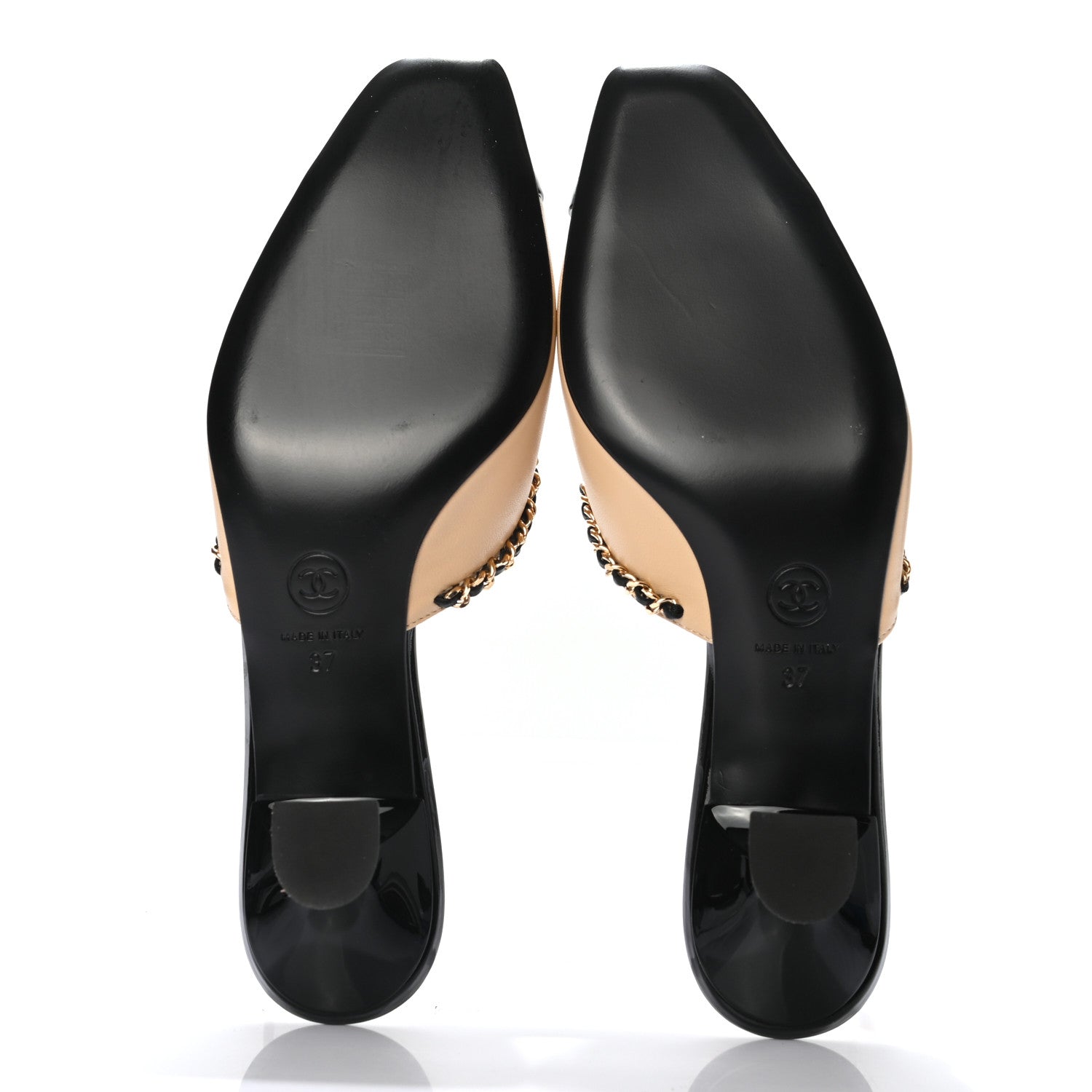 Chanel Lambskin Patent Cap Toe Chain Mule 37 Beige Black 4 of 7