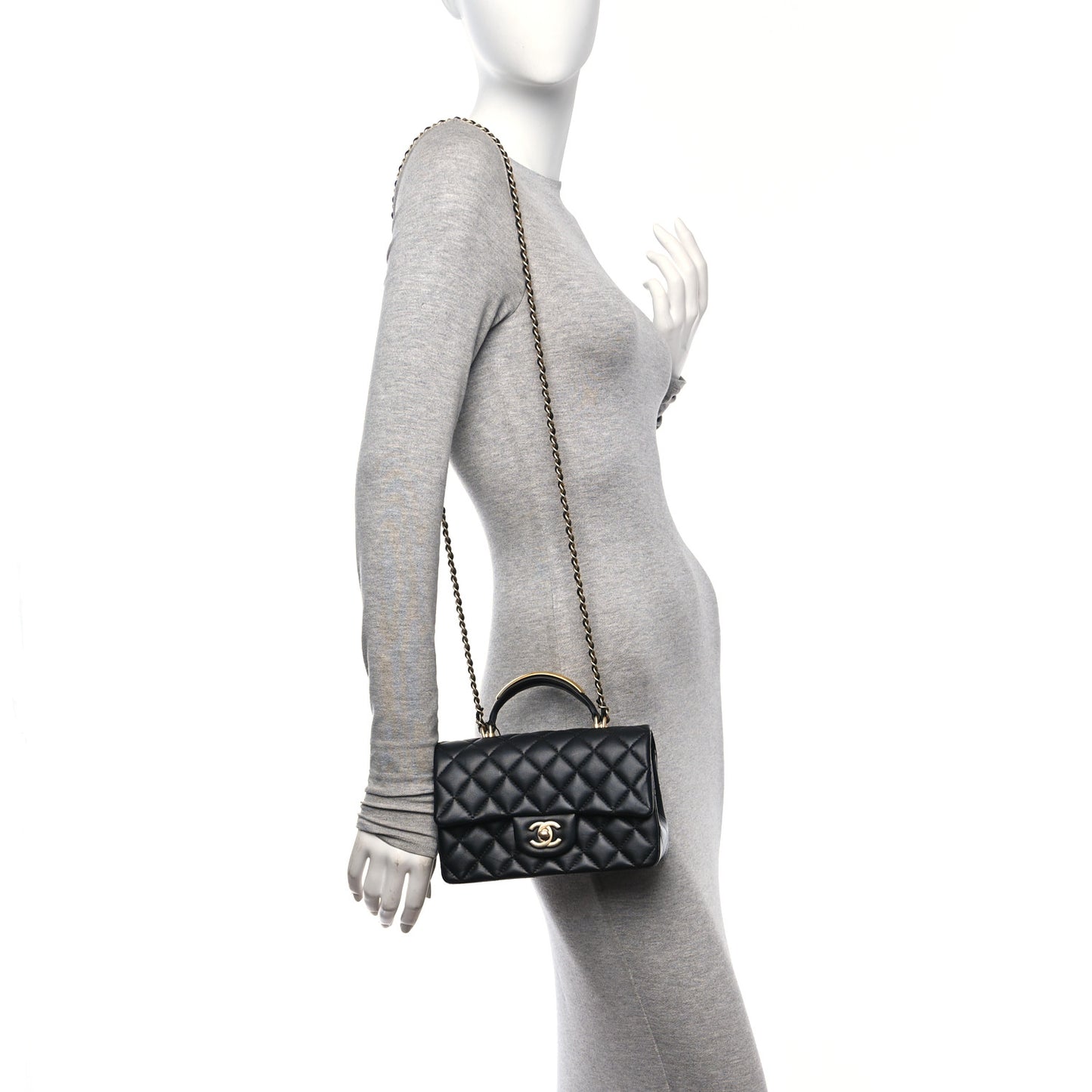 Lambskin Quilted Metal Mini Top Handle Rectangular Flap Black
