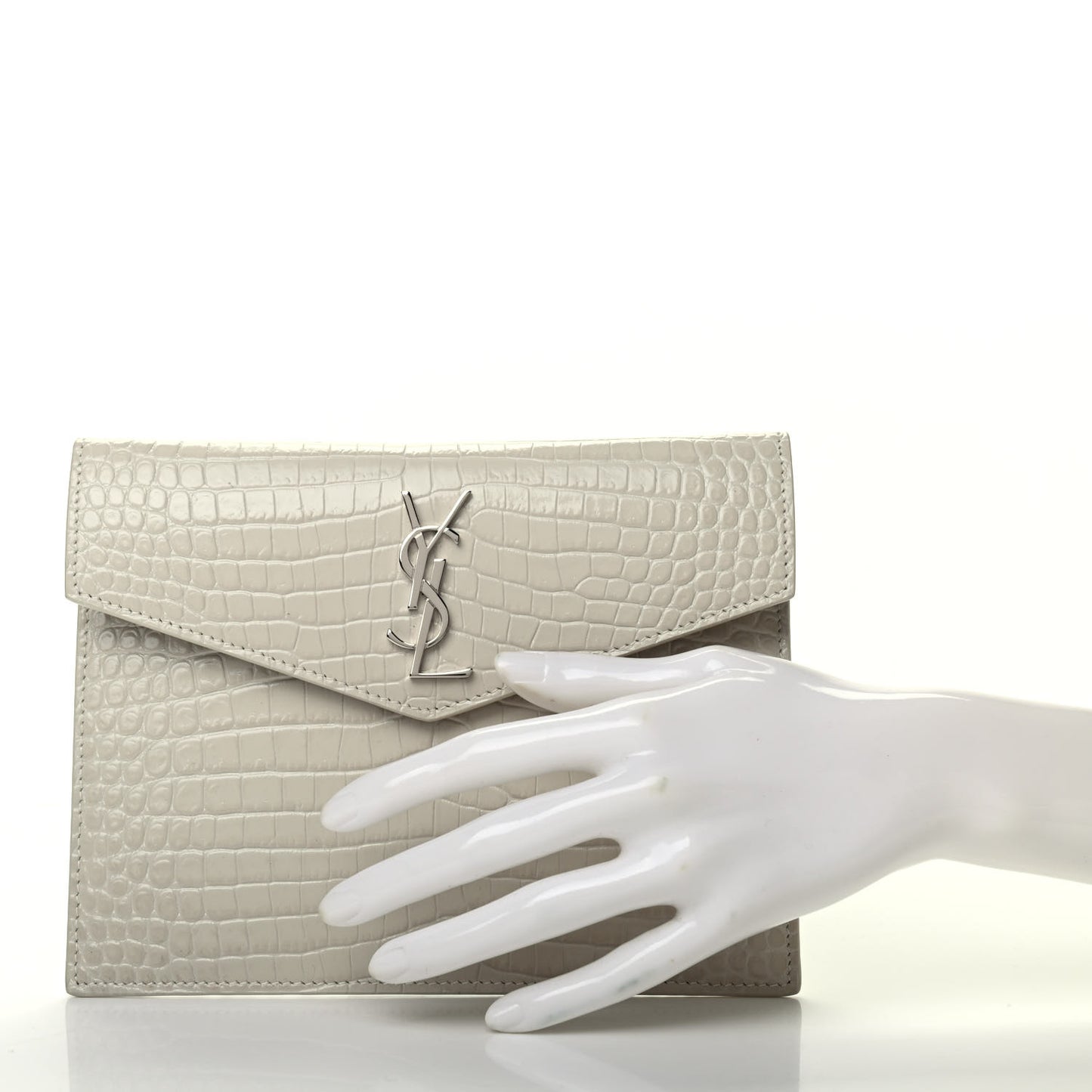 Calfskin Crocodile Embossed Monogram Uptown Baby Pouch Perle